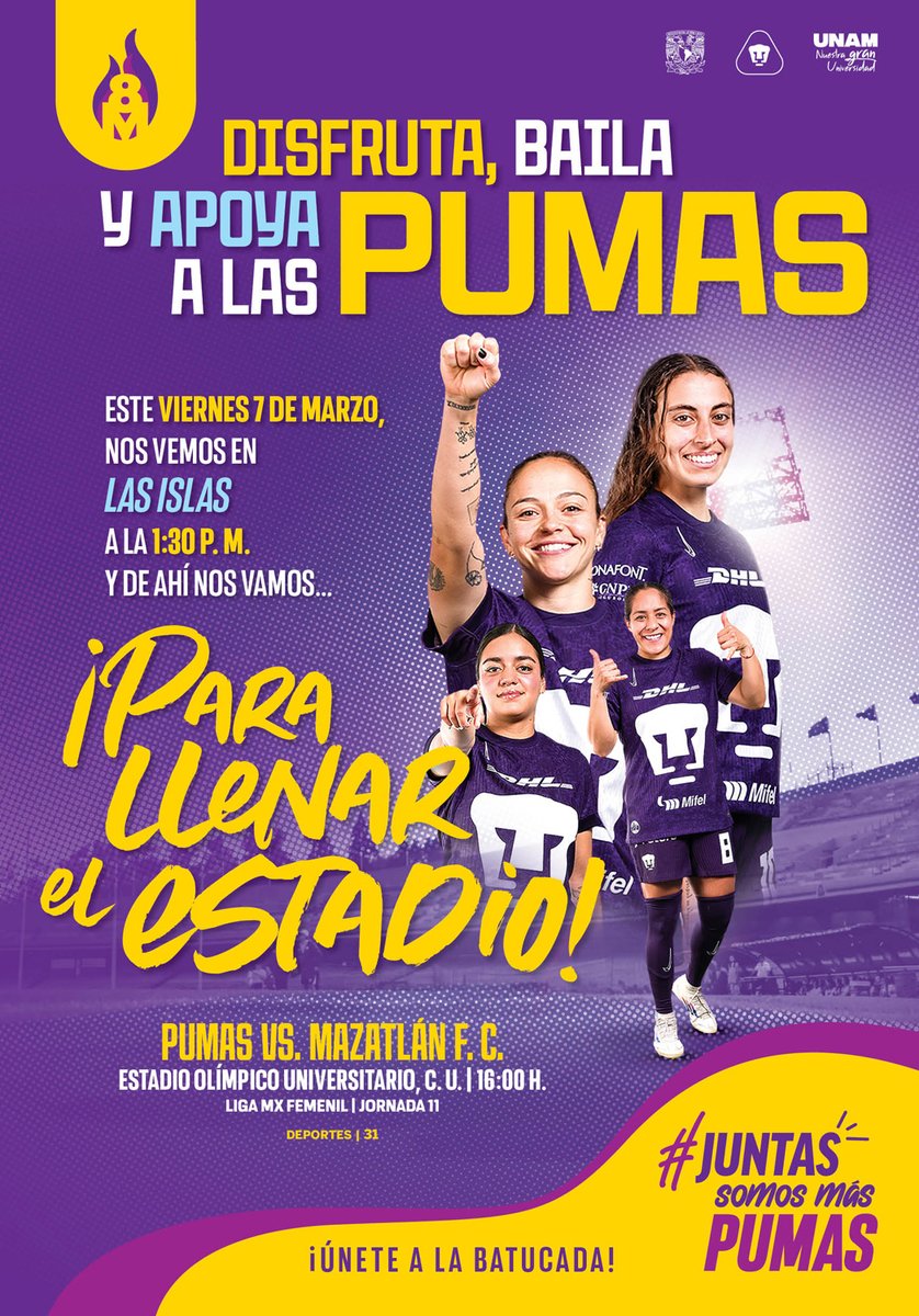 Gaceta_UNAM's tweet photo. ¡Llenemos el estadio!

La tarde de este viernes 7 de marzo teñiremos de color violeta y morado el Estadio Olímpico Universitario. Playeras, pañoletas y buffs desde las gradas, junto con los uniformes de @pumasmxfemenil y hasta las redes de las porterías, vestirán el día con la consigna #JuntasSomosMásPumas.

https://t.co/fPAUYuSQVk