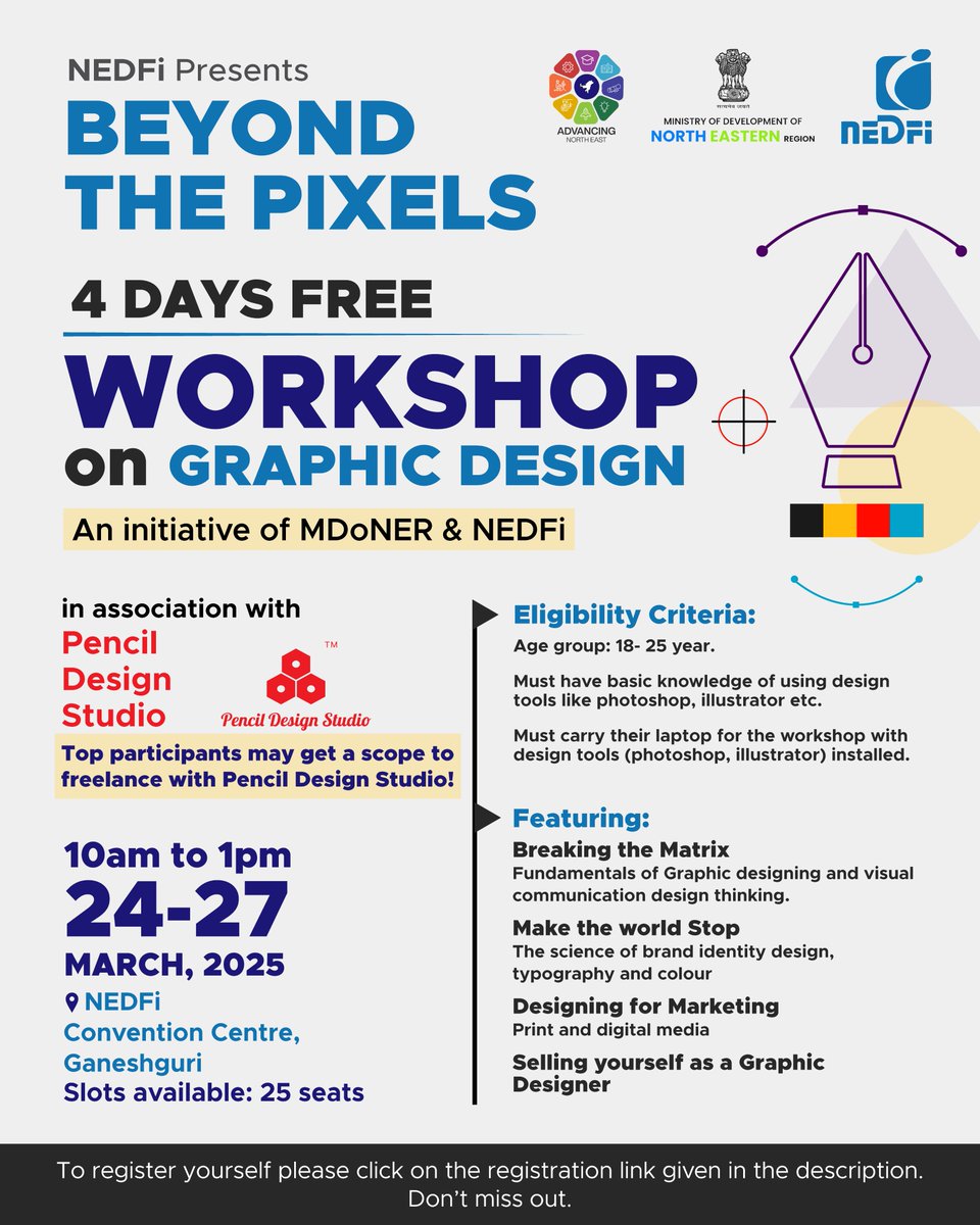 Learn branding, typography, marketing design, client handling &amp; more, all from industry experts at Pencil Design Studio in collaboration with ANE, NEDFi.
Dates: 24-27 March 2025
Log on to advancingnortheast.in
#AdvancingNorthEast
<a href="/NEDFi_Official/">NEDFi</a>