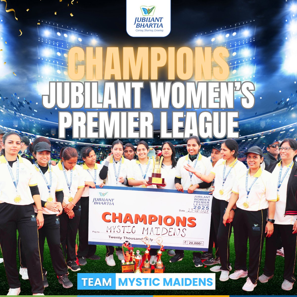 𝗖𝗵𝗮𝗺𝗽𝗶𝗼𝗻𝘀 𝗢𝗻𝗰𝗲 𝗔𝗴𝗮𝗶𝗻!

The Mystic Maidens have successfully defended their title, emerging as the Champions of the 𝗝𝘂𝗯𝗶𝗹𝗮𝗻𝘁 𝗪𝗼𝗺𝗲𝗻’𝘀 𝗣𝗿𝗲𝗺𝗶𝗲𝗿 𝗟𝗲𝗮𝗴𝘂𝗲 𝟮𝟬𝟮𝟱.

#JubilantWomensPremierLeague #JubilantPremierLeague #WomenInSports #Cricket