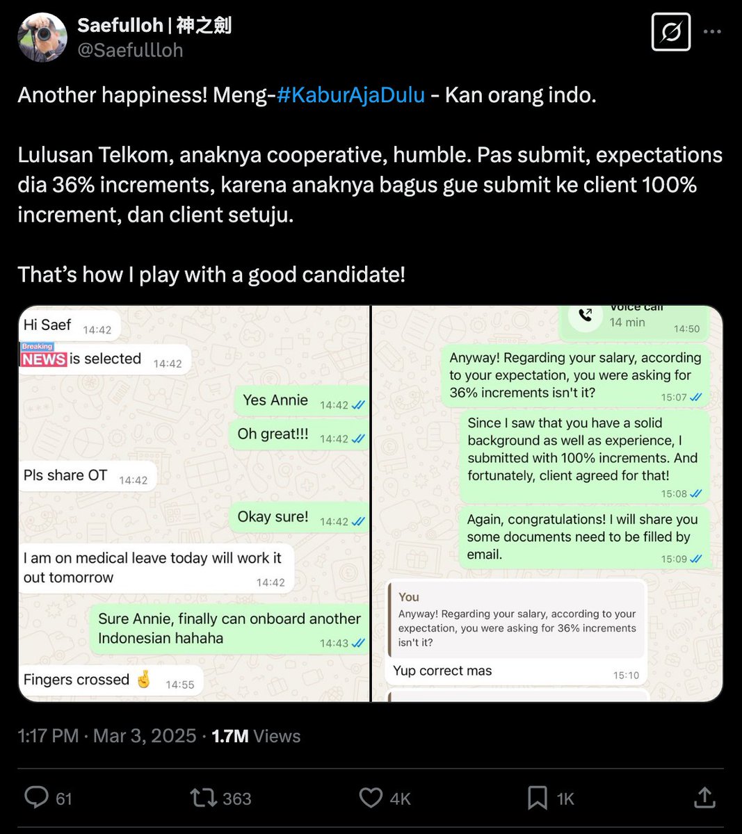 ibamarief's tweet image. Ini apa sih misuh2 recruitmentnya maha efisien 🤨 

Sepengalamanku hire 1000+ tech talents, recruiter bagus ngga akan generalize kandidat kaya di bawah

Sudahlah, anggap saja kamu kena karma ketemu atasan/klien yang generalisasi balik dari segi nationality 😋

Recruiter yang…