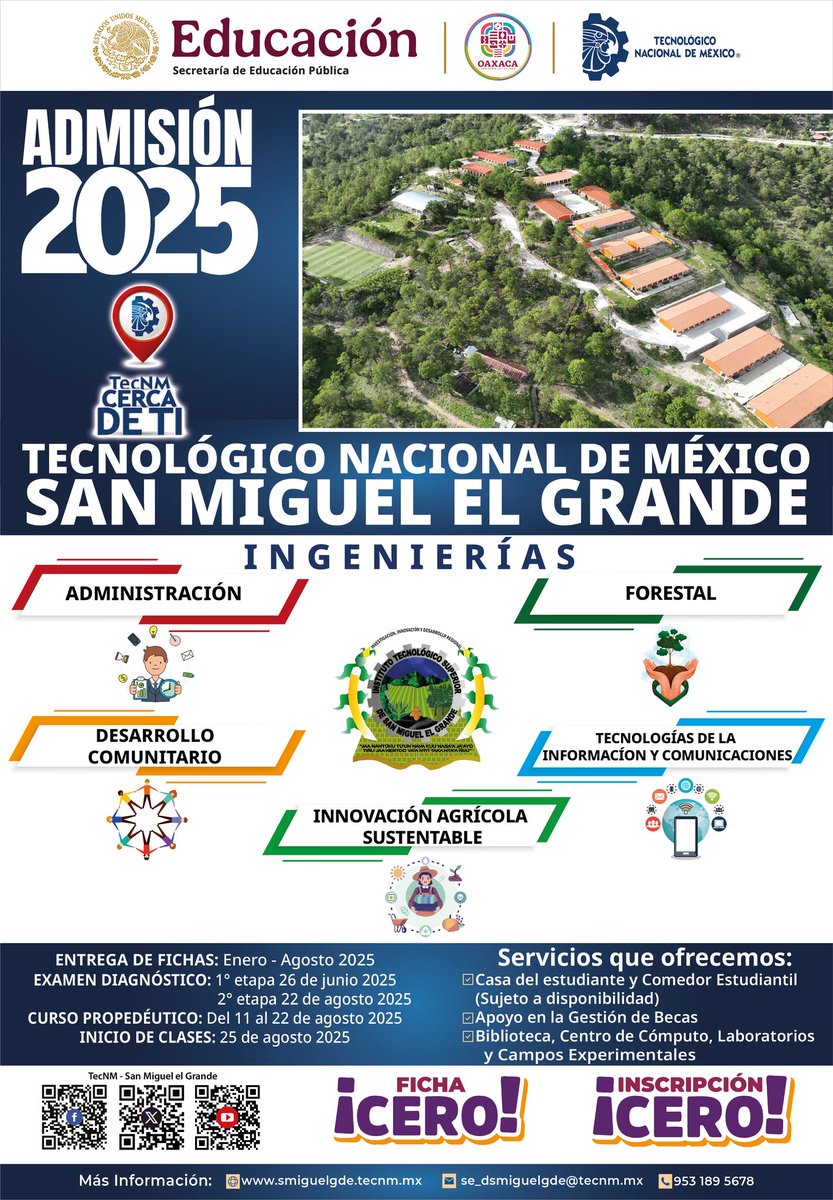 #TecNMCercaDeTi📍
El #TecNM - San Miguel el Grande te invita a formar parte de la comunidad estudiantil y comenzar tu camino hacia el futuro. 🚀

Cuenta con las siguientes Ingenierías:
• Ingeniería en Desarrollo Comunitario (Acreditada por COMEAA) 🌍
• Ingeniería en Innovación