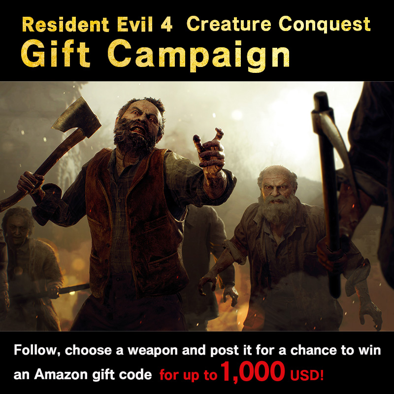 REBHPortal's tweet photo. Resident Evil 4 
Creature Conquest Gift Campaign
Day 1

Defeat the Ganado!
Enter for a chance to win an Amazon gift code for up to 1,000 USD!

To participate
1. Follow @REBHPortal
2. Choose a weapon from below and post it by 3/10 19:59
Winners will be contacted via DM!