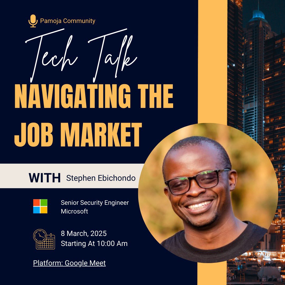 juma_dickens's tweet photo. Join us this Saturday for exclusive session with Stephen Ebichondo - Senior Security Enginneer at Microsoft on Navigating the Job Market and Breaking into Tech. https://t.co/GZcOY77dkC