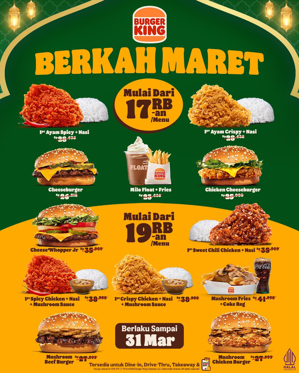Bulan penuh berkah makin seru bareng Burger King ! Nikmati Promo BERKAH MARET sari Burger King, makan enak dan kenyang mulai dari 17 ribuan aja per menu mulai dari paket ayam dan nasi sampai menu burger dan dessert pilihan favorit kamu!