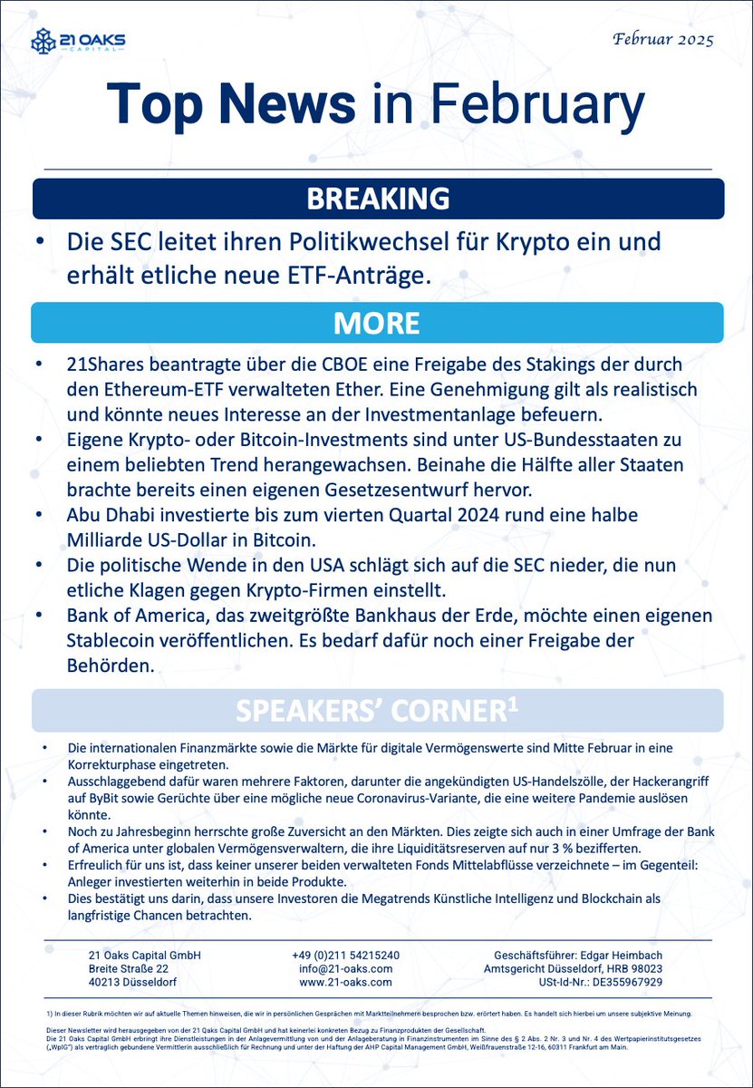 21 Oaks Capital (@21oakscapital) on Twitter photo Hier sind die aktuellen
#TradFi-relevanten NEWS der Distributed Ledger Technologien für den Monat Februar zusammengefasst für institutionelle Investoren:innen und
#Blockchain-Interessenten:innen 📈
Kontaktieren Sie uns gerne via info@21-oaks.com, falls Sie auf bestimmte Hier sind die aktuellen
#TradFi-relevanten NEWS der Distributed Ledger Technologien für den Monat Februar zusammengefasst für institutionelle Investoren:innen und
#Blockchain-Interessenten:innen 📈
Kontaktieren Sie uns gerne via info@21-oaks.com, falls Sie auf bestimmte
