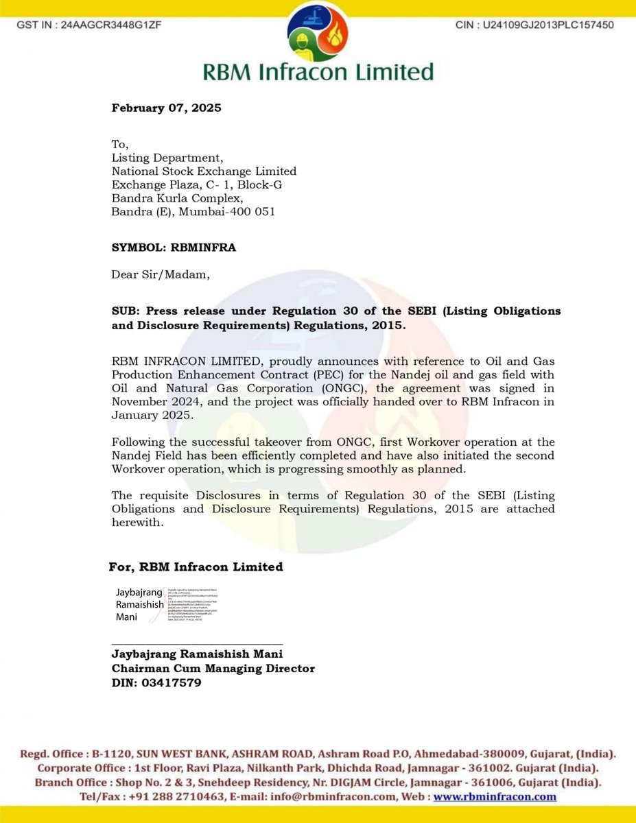 nileshkurhade's tweet photo. 📌 RBM Infracon Ltd informed the exchange about the Oil and Gas Production Enhancement Contract (PEC) for the Nandej oil and gas field with Oil and Natural Gas Corporation (ONGC). The agreement was signed in November 2024, and the project was officially handed over in January 2025. The first Workover operation at the Nandej Field has been efficiently completed, and the second Workover operation is progressing smoothly as planned. A total of 45 Workover operations are scheduled over a period of time. #SME #RBMINFRA 🛢️🔧

- 🛢️ Oil & Gas Production Enhancement Contract (PEC): Agreement signed in November 2024 for the Nandej oil and gas field with Oil and Natural Gas Corporation (ONGC).  
- 📅 Project Handover: Officially handed over to RBM Infracon in January 2025.  
- 🔧 Completed Work: First Workover operation at Nandej Field efficiently completed.  
- 🏗️ Ongoing Work: Second Workover operation initiated and progressing smoothly as planned.  
- 📌 Future Work Plan: Total 45 Workover operations scheduled over a period of time.  
- 🏭 Industry Expertise: Specializes in EPC Contracts within Mechanical & Civil Engineering Construction Services and Oil & Gas production.  
- 🏗️ Sector Experience: Works across refineries, jetties, petrochemicals, fertilizers, cement, power plants, Met-Coke manufacturing, and beyond.  
- 🏢 Corporate Presence: Corporate Office in Jamnagar, Gujarat, with a registered office in Ahmedabad and project offices across various states.  
- 🚚 Logistics & Infrastructure: Well-developed industrial location, streamlined logistics, advanced infrastructure, skilled labor force, and strong mobility.  
- 🎯 Vision & Commitment: Aims for excellence in mechanical and civil disciplines, delivering customized solutions with innovation and quality.