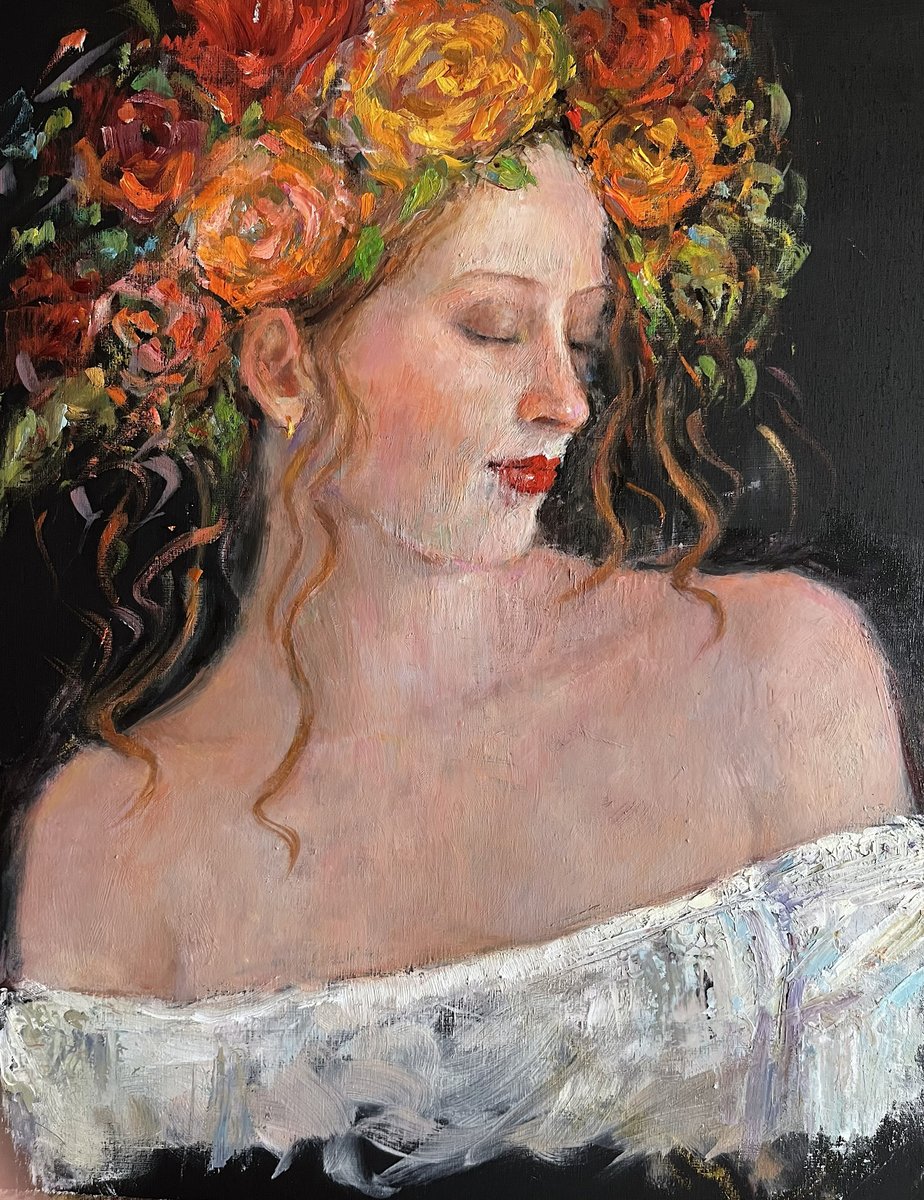 "Flowers In Her Hair #1" oil &amp; cold wax on cradled birch wood panel, 14" x 11".  It wasn't what I planned but I'm happy with the outcome! A gorgeous model, flowers, fabulous colors with a warm sentiment of peace and joy. Please enjoy! JUST SOLD!!
septembermcgee.com/.../flowers-in…...