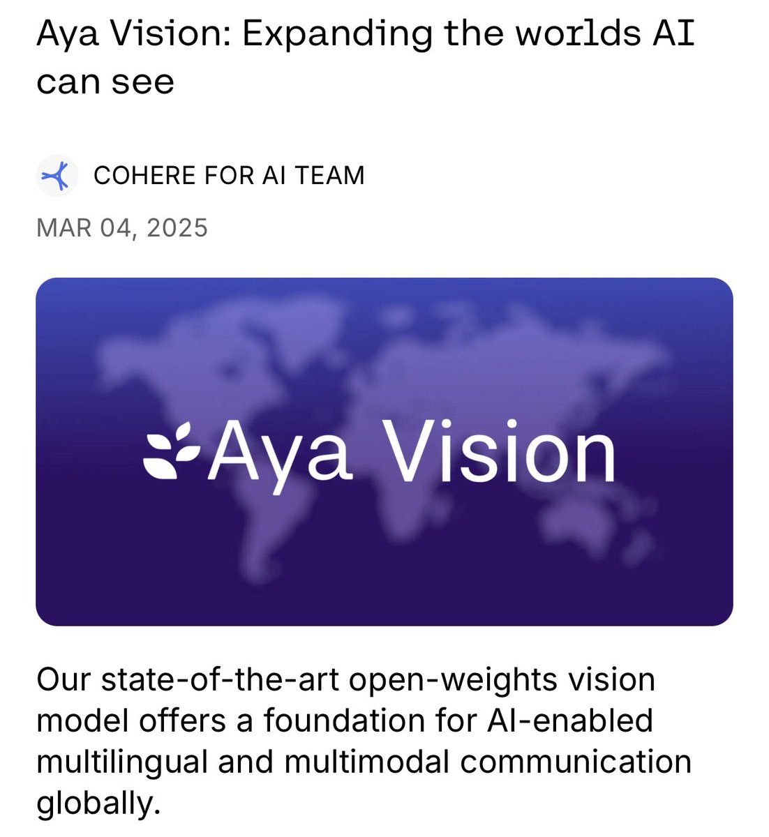 KryptonAi's tweet image. Cohere&apos;s Aya Vision breaks barriers with multilingual AI,
outperforming rivals 10x its size! Open-source &amp;amp; available now. 

#AI #MultilingualAI #OpenSource #Innovation #Tech