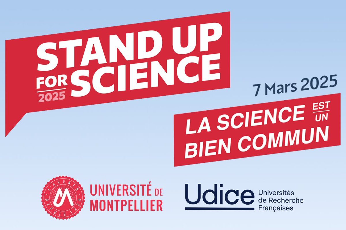 #StandUpForScience2025🔬| Ce 07/03/2025, l'Université de Montpellier exprime son soutien au mouvement Stand Up For Science. Nous sommes solidaires des scientifiques &amp; chercheurs américains face aux mesures qui compromettent la liberté de recherche et la coopération internationale