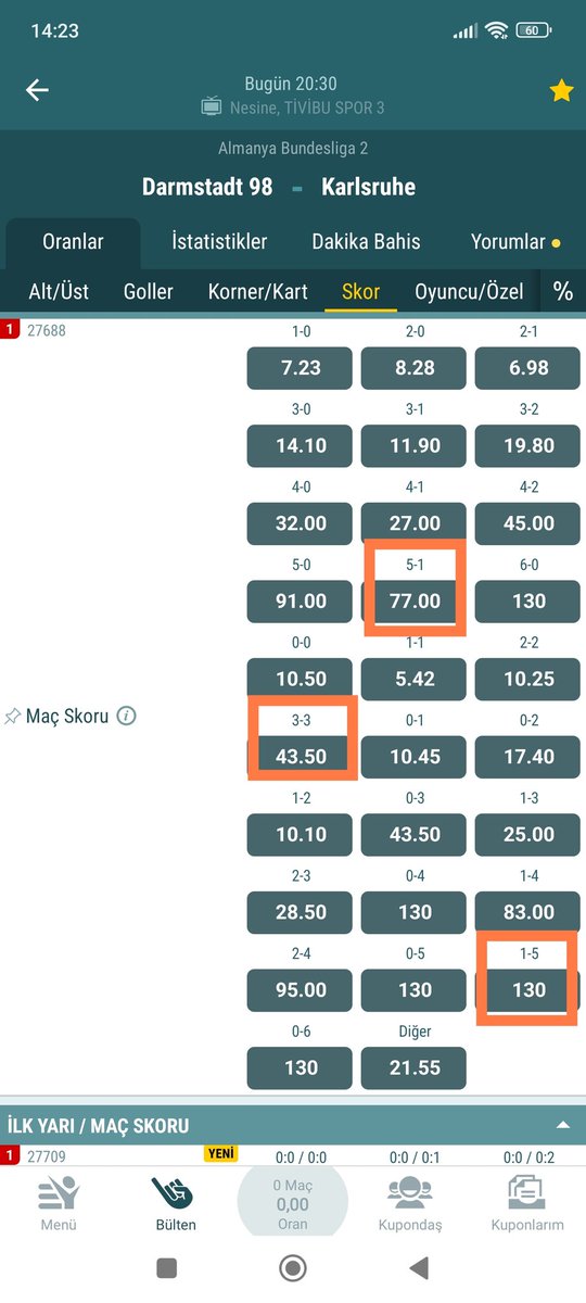 Geçen hafta 5-1 skor ve 2/1 vermiştim. 2/1 kısmı gelmişti, fakat skor 4-1 de kalmıştı. Şimdi yine işin içinde Darmstadt var. Beklentim 2/1 ve 1/2 ve bunlardan bağımsız, 5-1/1-5 ve 3-3 skorlar. İşini daha garantiye almak isteyenler için +6 gol hatta 4.5 üst tercih edilir. 🍀🍀✍️✍️