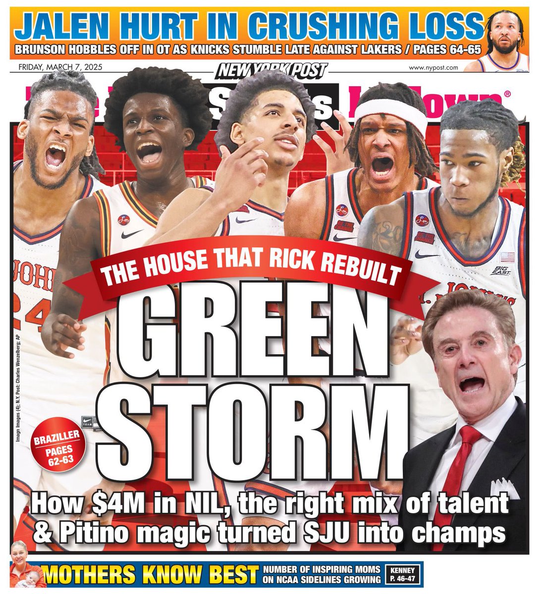 SJUDave's tweet image. Good morning Johnnie Nation. It’s another back page for the hottest team in New York. Great article by @NYPost_Brazille on how this roster came together #sjubb 

nypost.com/2025/03/07/spo…