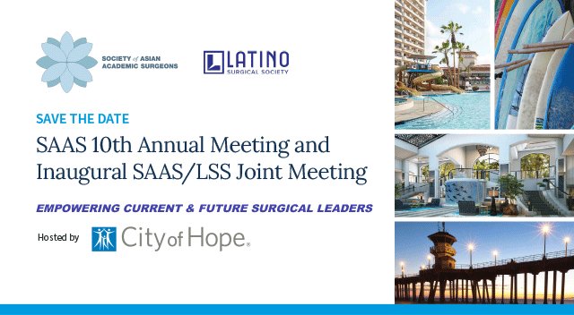 SocAsianAcadSurg (@asianacadsurg) on Twitter photo 🚨 CALL FOR ABSTRACTS NOW OPEN! 🚨
Be part of the SAAS 10th Annual Meeting & Inaugural <a href="/AsianAcadSurg/">SocAsianAcadSurg</a>/<a href="/LatinoSurgery/">LatinoSurgSociety</a> Joint Meeting at <a href="/cityofhope/">City of Hope</a>!
📅 Deadline: April 14th, 2025
📌 Details: rb.gy/q72wpt
🔗 Submission link: rb.gy/3ytozm 🚨 CALL FOR ABSTRACTS NOW OPEN! 🚨
Be part of the SAAS 10th Annual Meeting & Inaugural <a href="/AsianAcadSurg/">SocAsianAcadSurg</a>/<a href="/LatinoSurgery/">LatinoSurgSociety</a> Joint Meeting at <a href="/cityofhope/">City of Hope</a>!
📅 Deadline: April 14th, 2025
📌 Details: rb.gy/q72wpt
🔗 Submission link: rb.gy/3ytozm
