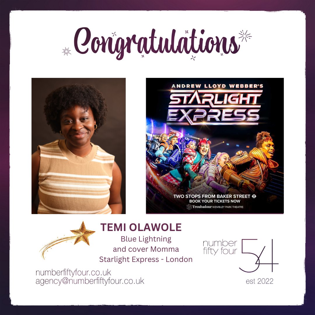 We’ve been sitting on this for a while but congratulations to TEMI OLAWOLE who has joined the cast of Starlight Express (London) as Blue Lightning &amp; cover Momma
Thanks to <a href="/pearsoncasting/">Pearson Casting CDG CDA CSA 🎭 🩰 🎥</a> 
<a href="/MHARRISON_ENT/">Michael Harrison</a> 
<a href="/Starlightlondon/">Starlight Express London</a> 
#N54Agency #starlightexpress #actor #singer