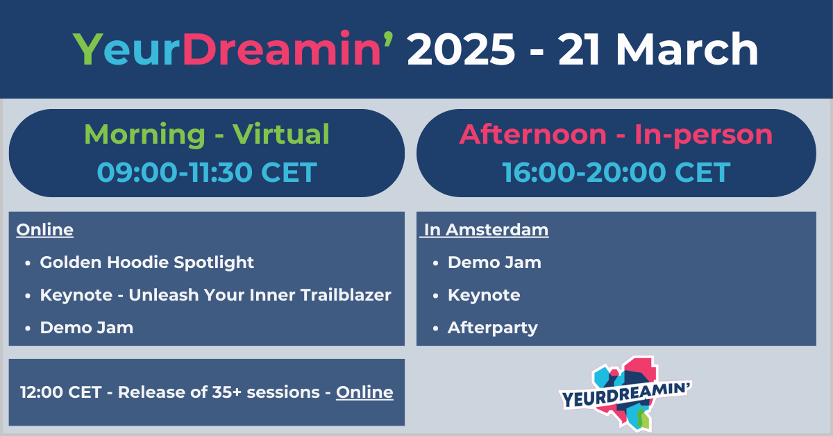 🚀 Get ready for <a href="/YeurDreamin/">YeurDreamin'</a>! Our #Virtual &amp; #InPerson sessions offer 🔥 insights, expert panels, and networking! 🎟️ Get your ticket NOW! 👉 yeurdreamin.eu/tickets/  📅 Agenda: ✅ Keynotes ✅ Workshops #YD25 #SalesforceOhana #Networking