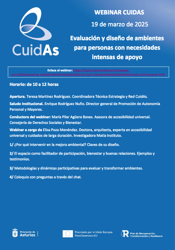 #CitaDestacada #Cuidados #ACP

📺💻Webinar #CuidAS. Evaluación y diseño de ambientes para personas con necesidades intensas de apoyo

🗣️A cargo de <a href="/ElisaPozoMdez/">Elisa Pozo</a> <a href="/MatiaFundazioa/">Matia</a> 
🗓️19 de marzo
🕙 10 a 12h.

ℹ️Link de acceso libre webinar: 
👉socialasturias.asturias.es/-/webinar-cuid… #Arquitectura