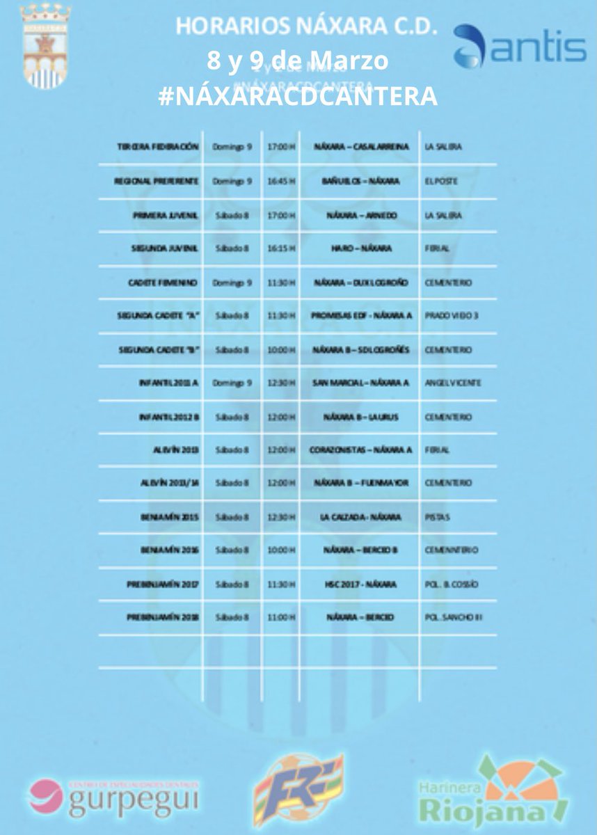 ⚽️ PARTIDOS NÁXARA C.D. ⚽️

Horarios del fin de semana 8 y 9 de Marzo. 

#AúpaNáxara #SoyDelNáxara