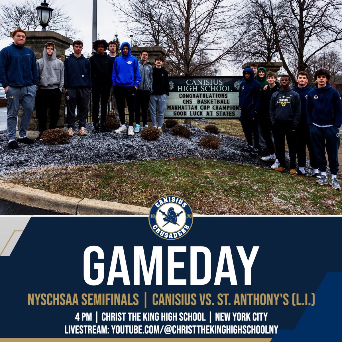 Canisius HS Sports (@canisiussports) on Twitter photo Three teams, two games, two days. One state championship.
<a href="/CanisiusHSHoops/">Canisius HS Basketball</a> & coach Kyle Husband ’96 will meet L.I. champion St. Anthony’s in today’s 4 p.m. NYSCHSAA semifinal in Queens.
The game will be livestreamed at youtube.com/@christtheking…
More: instagram.com/p/DG5YvXSxYI9/… Three teams, two games, two days. One state championship.
<a href="/CanisiusHSHoops/">Canisius HS Basketball</a> & coach Kyle Husband ’96 will meet L.I. champion St. Anthony’s in today’s 4 p.m. NYSCHSAA semifinal in Queens.
The game will be livestreamed at youtube.com/@christtheking…
More: instagram.com/p/DG5YvXSxYI9/…