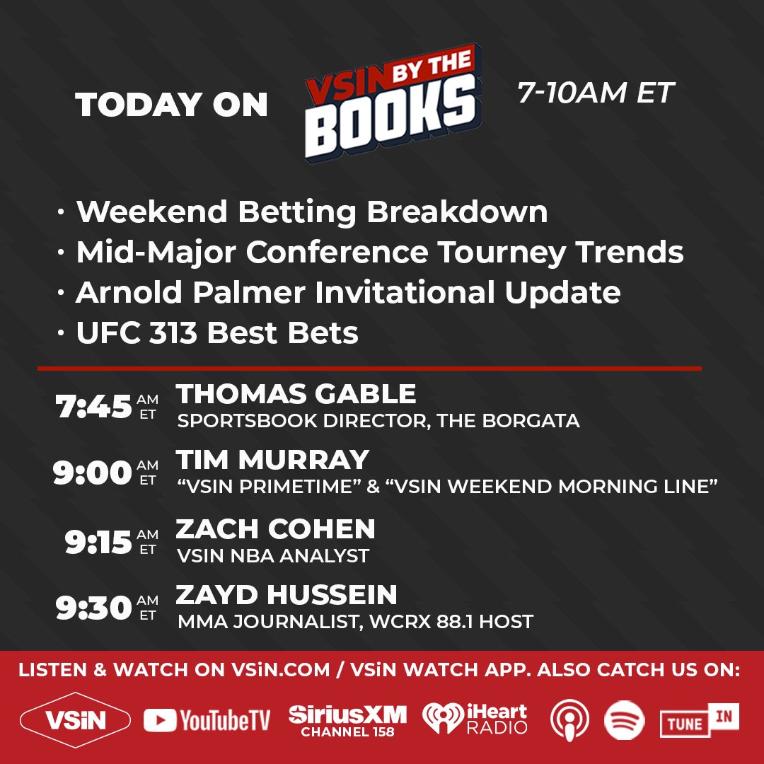 Jensen Lewis (@jlewfifty) on Twitter photo .<a href="/MarchMadnessMBB/">NCAA March Madness</a> heating up + <a href="/ufc/">UFC</a> weekend preview & much more!
Get your Friday started w/ Me & <a href="/drosssports/">Dave Ross</a> from 7-10a ET on <a href="/VSiNLive/">VSiN</a> #ByTheBooks 😎✅
☎️7:45a = <a href="/tgablesports/">tgablesports</a>
☎️9:00a = <a href="/1TimMurray/">Tim Murray</a>
💻9:15a = <a href="/BettingOnX/">Zachary Cohen</a>
🎙️9:30a = <a href="/Zayd__Hussein/">Zayd Hussein</a> .<a href="/MarchMadnessMBB/">NCAA March Madness</a> heating up + <a href="/ufc/">UFC</a> weekend preview & much more!
Get your Friday started w/ Me & <a href="/drosssports/">Dave Ross</a> from 7-10a ET on <a href="/VSiNLive/">VSiN</a> #ByTheBooks 😎✅
☎️7:45a = <a href="/tgablesports/">tgablesports</a>
☎️9:00a = <a href="/1TimMurray/">Tim Murray</a>
💻9:15a = <a href="/BettingOnX/">Zachary Cohen</a>
🎙️9:30a = <a href="/Zayd__Hussein/">Zayd Hussein</a>