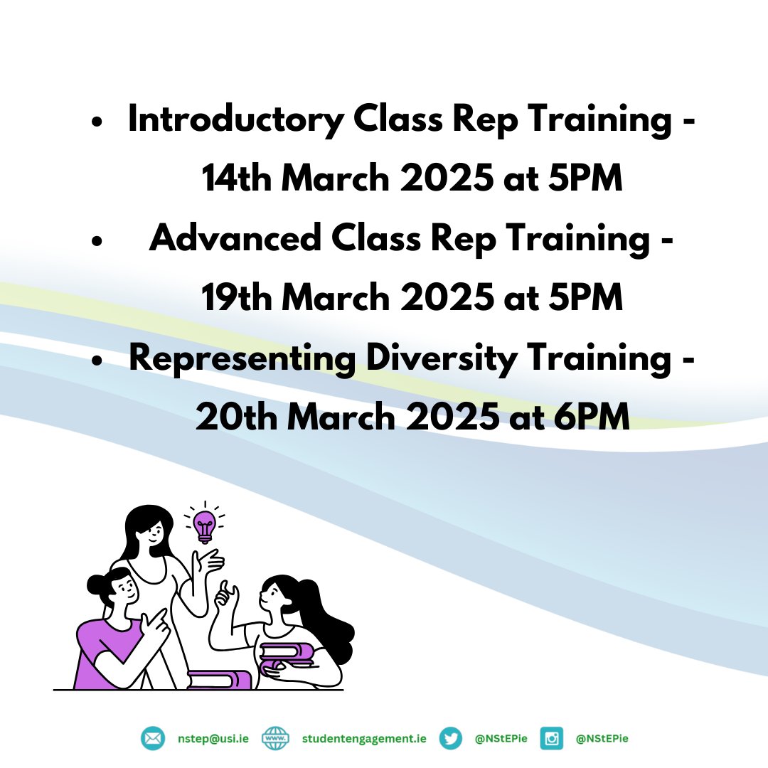 National Student Engagement Programme (NStEP) (@nstepie) on Twitter photo Training for 2024/25 academic year is closing soon, but you can still register for Introductory Class Rep Training, Advanced Class Rep Training, or our Representing Diversity Training!📚 
BOOKING LINK👇
studentengagement.ie/book-training/ Training for 2024/25 academic year is closing soon, but you can still register for Introductory Class Rep Training, Advanced Class Rep Training, or our Representing Diversity Training!📚 
BOOKING LINK👇
studentengagement.ie/book-training/