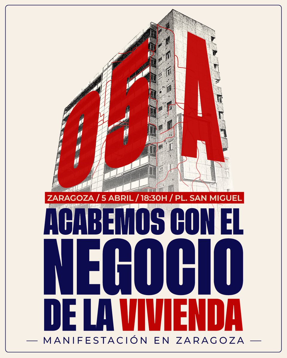 Mientras la vivienda sea un negocio, nunca será un derecho universal

El 5 de abril en la Plaza San Miguel a las 18:30, nos movilizamos por el derecho a la vivienda

🔥Acabemos con el negocio de la vivienda🔥

¡Acude y difunde!