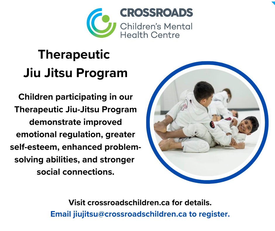 Our spring Therapeutic Jiu Jitsu session starts on May 6th and runs until June 26th.  Spots fill up quickly, so let us know soon if you're interested.  More details can be found on our website:  crossroadschildren.ca/jiu-jitsu-prog…