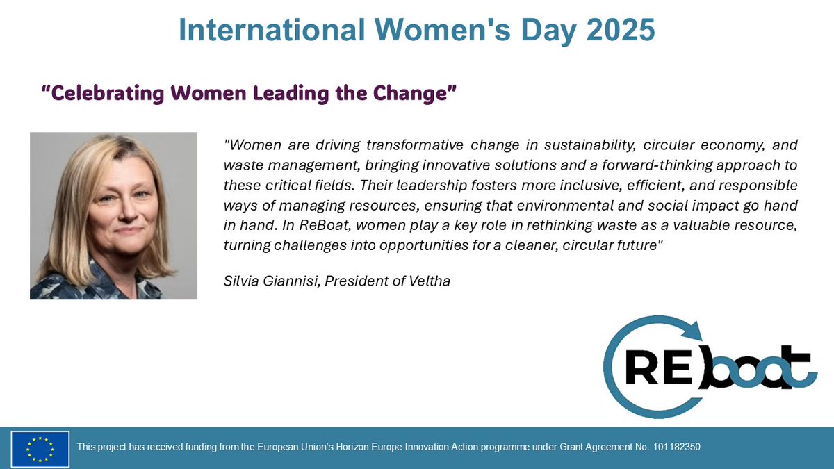 Reboat_Project's tweet photo. ๐๐ ๐โโ๏ธHonoring Women in Circular Economy: A Powerful Force for Change.
๐At @Reboat_Project , we recognize the vital role women play in the circular economy and waste management.
๐ฉWe start with Silvia Giannisi, President of @veltha_eu
#IWD2025
#HorizonEurope
#ReboatEU https://t.co/hXurWTEVcJ