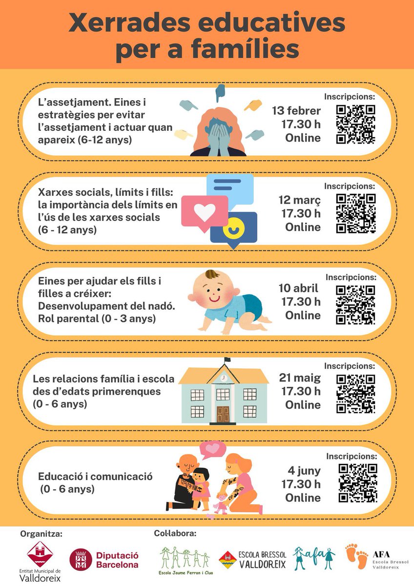 📲‘Xarxes socials, límits i fills: la importància dels límits en l’ús de les xarxes socials’ és la propera cita del cicle Xerrades Educatives per a Famílies organitzat per l’EMD de #valldoreix i la @dibacat

La xerrada online serà el 12/03 a les 17:30h. Inscripcions al codi QR⤵️