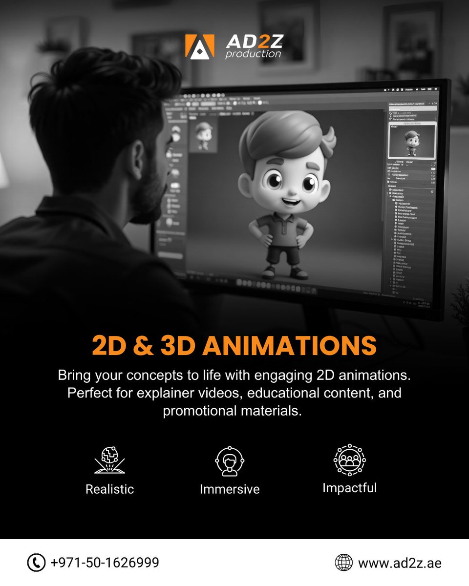 AD2Z_Media's tweet photo. AD2Z Production creates realistic, immersive, and impactful animations tailored to your needs!

📞Contact us: +971-50-1626999
🌐 Visit: https://t.co/xm8s0v8UpB  
 
#AD2ZProduction #AnimationStudioUAE #2DAnimation #3DAnimation #ExplainerVideos #PromotionalAnimations https://t.co/GROsUfS3DO