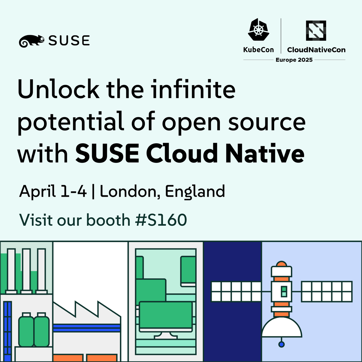 SUSE's tweet photo. ☁️ Visit us at booth #S160 at #KubeCon to watch our demos and discover how we can help you accelerate your digital transformation. ✅Join our session on April 2 to learn all about "Building self-service enterprise-grade developer platforms with open source and cloud native tools". 
🔗https://t.co/JBPA2KHmXQ
