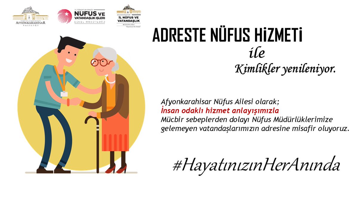 🏠Adreste Nüfus Hizmeti 
“Siz Bize Gelemiyorsanız Biz Size Geliriz”

<a href="/TCNufus/">Nüfus ve Vatandaşlık İşleri Genel Müdürlüğü</a> 
<a href="/AfyonValiligi/">T.C. Afyonkarahisar Valiliği</a> 
#HayatınızınHerAnında