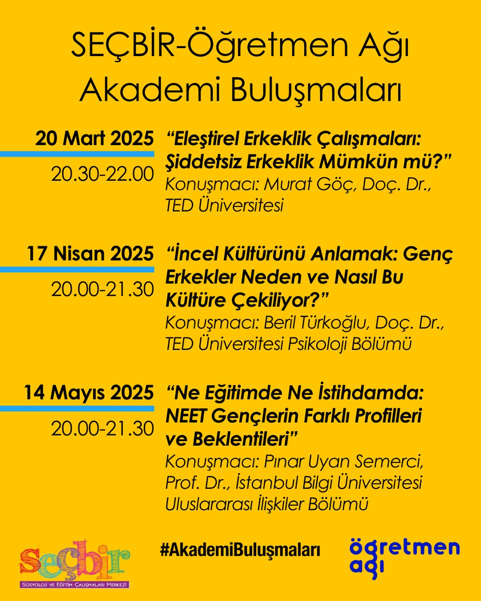 ogretmenagi's tweet photo. Bahar geliyor; çiçekler açıyor, Akademi Buluşmaları bahar dönemi başlıyor! 🌸

📣 Yeni dönem ile birlikte, akademide yürütülen çalışmalar ve üretilen bilgilerin öğretmenler başta olmak üzere eğitimle ilgilenen herkesle, öğretmenlerdeki deneyimin ise akademiyle paylaşılmasını amaçladığımız Akademi Buluşmaları’na yeniden başlıyoruz.

#BiziBirAradaTutan, hiç durmadan birbirimizden öğrenmeye devam etme arzusu. Farklı disiplinlerden akademisyenlerin farklı branşlardan eğitimcilerle bir araya gelmesiyle günümüz sorunlarına disiplinlerarası bir bakış geliştirmeyi de hedeflediğimiz buluşmaların ilki 20 Mart 2025, Perşembe günü “Eleştirel Erkeklik Çalışmaları: Şiddetsiz Erkeklik Mümkün mü?” başlığı ile Murat Göç konuşmacılığında gerçekleşecek.

20 Mart 2025 tarihli etkinliğe https://t.co/xpQM8Ahxws linki üzerinden kayıt olabilir; gelecek etkinliklerden haberdar olmak için takipte kalmaya devam edebilirsiniz.

@secbir