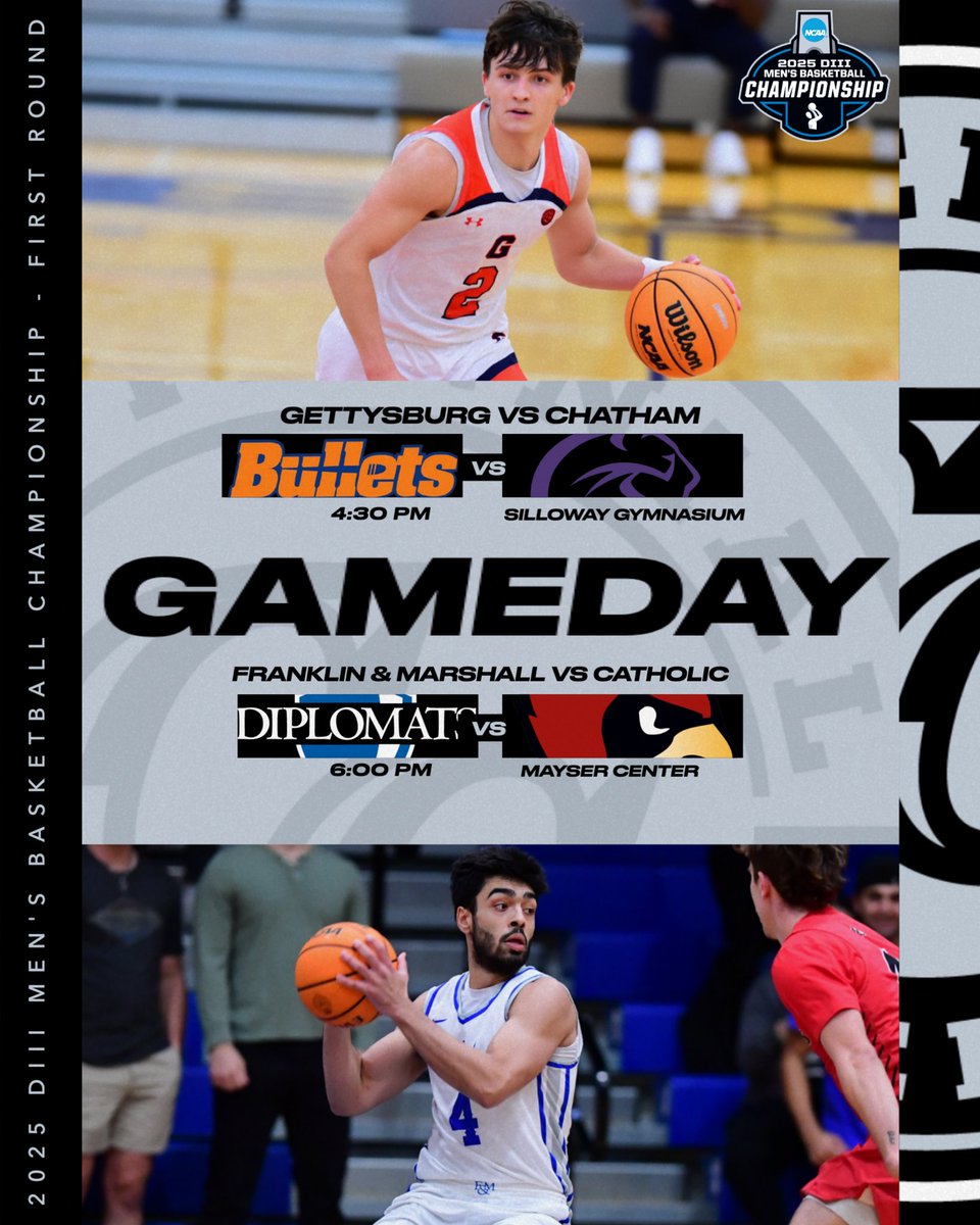 CentennialConf's tweet image. MBB | NCAA FIRST ROUND 

Good luck to our pair of #CCmbb teams competing in the opening round of the NCAA Tournament ⤵️

Gettysburg 
🆚 Chatham
⏰ 4:30 pm
📍Silloway Gym 

F&amp;amp;M 
🆚 Catholic 
⏰ 6 pm
📍 Mayser Center

📹📊 bit.ly/3F6OMHr

#d3hoops