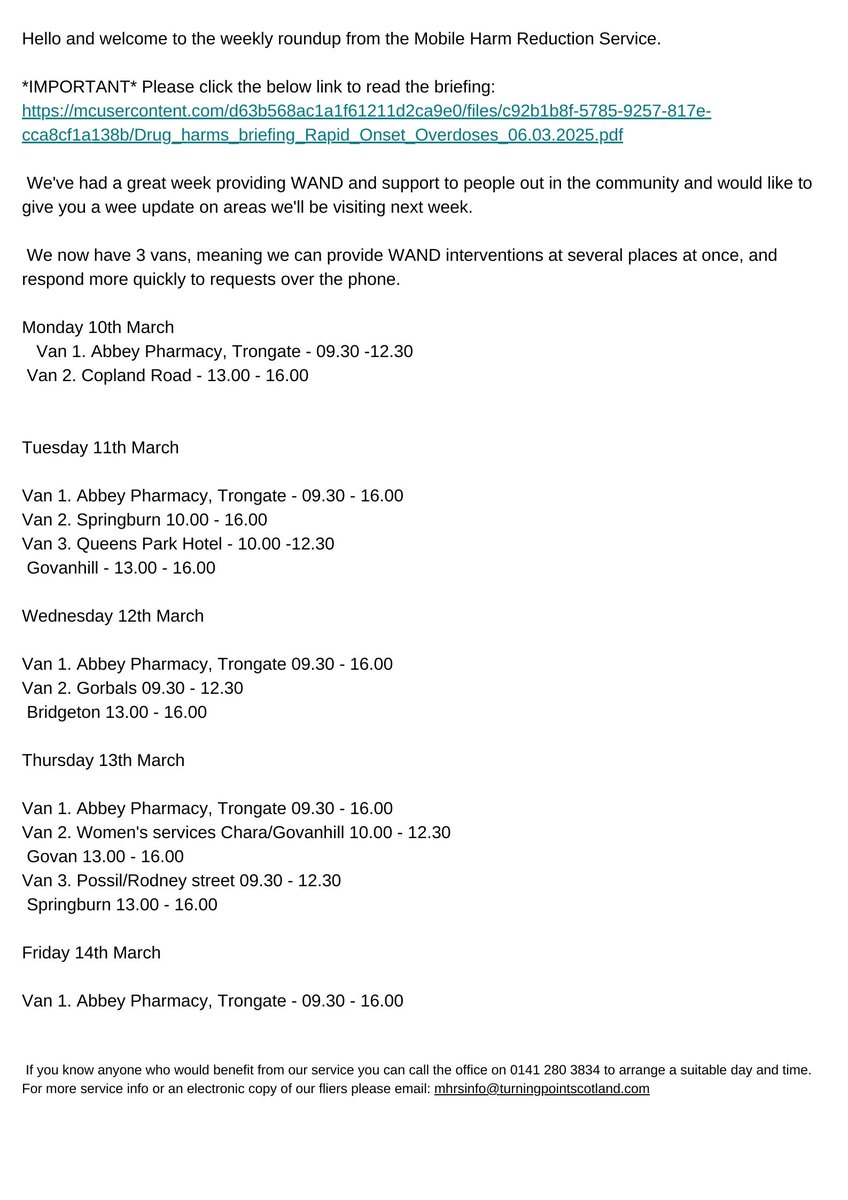 North West Recovery Communities (@nwrcglasgow) on Twitter photo Next week's van locations with important briefing doc - mcusercontent.com/d63b568ac1a1f6… <a href="/turningpointsco/">Turning Point Scotland</a> Next week's van locations with important briefing doc - mcusercontent.com/d63b568ac1a1f6… <a href="/turningpointsco/">Turning Point Scotland</a>
