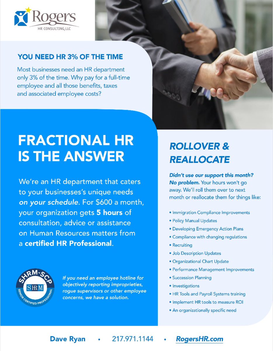 We're an HR department that caters to your businesses's unique needs on your schedule. For $600 a month, your organization gets 5 hours of consultation, advice or assistance on Human Resources matters from a certified HR Professional.