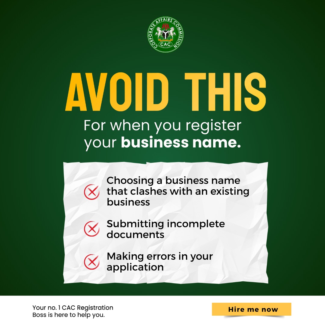 Olabodeodunay11's tweet photo. ****Avoid These Costly Mistakes When Registering Your Business Name!!!*****

Many business owners rush into registration without fully understanding the process, only to face delays, rejections, or even legal issues. 

Here are three costly mistakes to avoid: 

(1) Choosing a https://t.co/qyPvXpFeAc