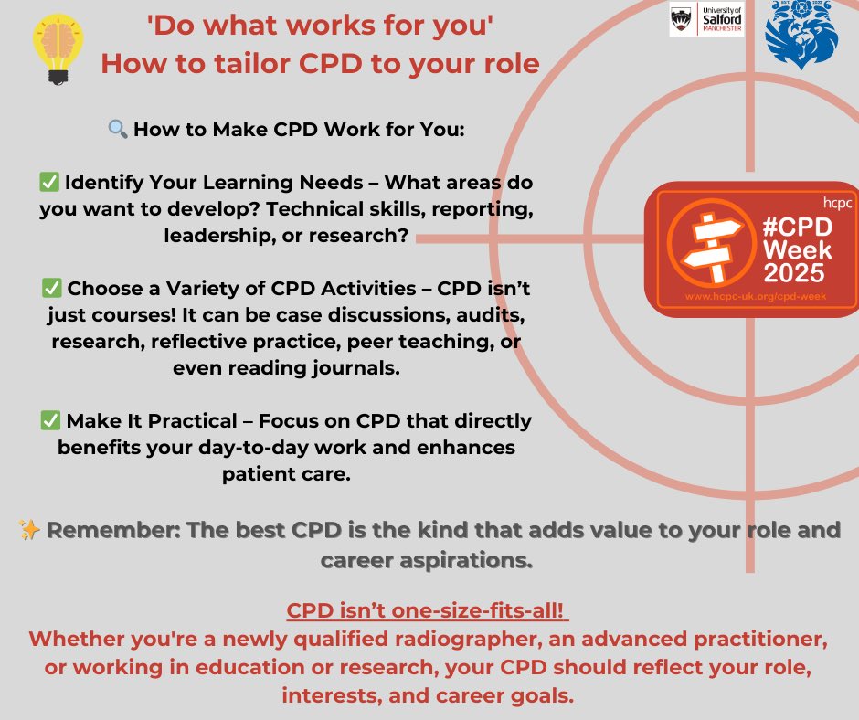 As we come to the end of the HCPC CPD week, I have some final bits of advice. 

Identify gaps in your knowdhe, set clear goals, and choose learning opportunities that align with your career path. 

Do what works for you! 

#cpdweek2025 #cpd #radiography #hcpc