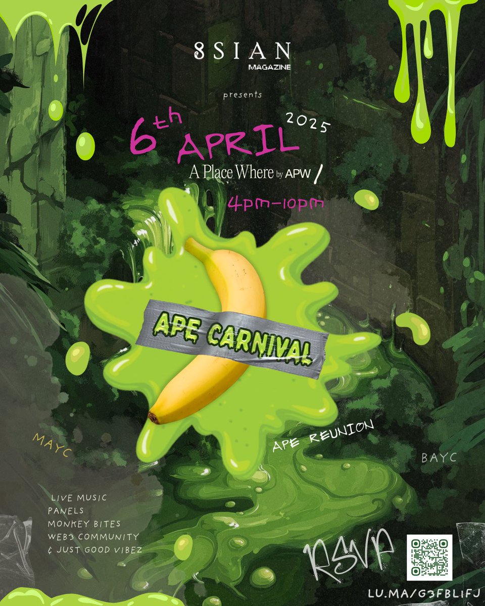 8SIAN Magazine (@8sianmagazine) on Twitter photo ๐ <a href="/BoredApeYC/">Bored Ape Yacht Club ๐</a> fam, ready for an Ape hangout in Malaysia?
Live music, panels, monkey bites & good vibes. 5th April 2025.
Participating partners to be announced.
๐ Letโs get bananas! lu.ma/g3fbl1fj ๐ <a href="/BoredApeYC/">Bored Ape Yacht Club ๐</a> fam, ready for an Ape hangout in Malaysia?
Live music, panels, monkey bites & good vibes. 5th April 2025.
Participating partners to be announced.
๐ Letโs get bananas! lu.ma/g3fbl1fj