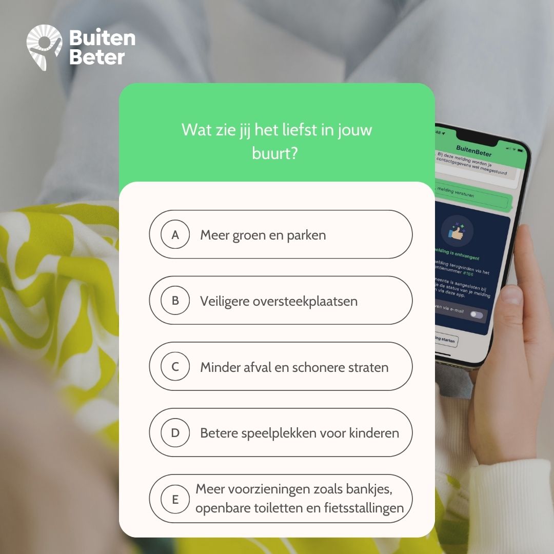Stel je voor: je mag één ding verbeteren in jouw buurt. Welke van onderstaande opties zou je dan kiezen? Laat het weten in de comments! 💬 Zie je iets in jouw buurt dat beter kan? Meld het eenvoudig via de BuitenBeter app en samen maken we de openbare ruimte een stukje beter!
