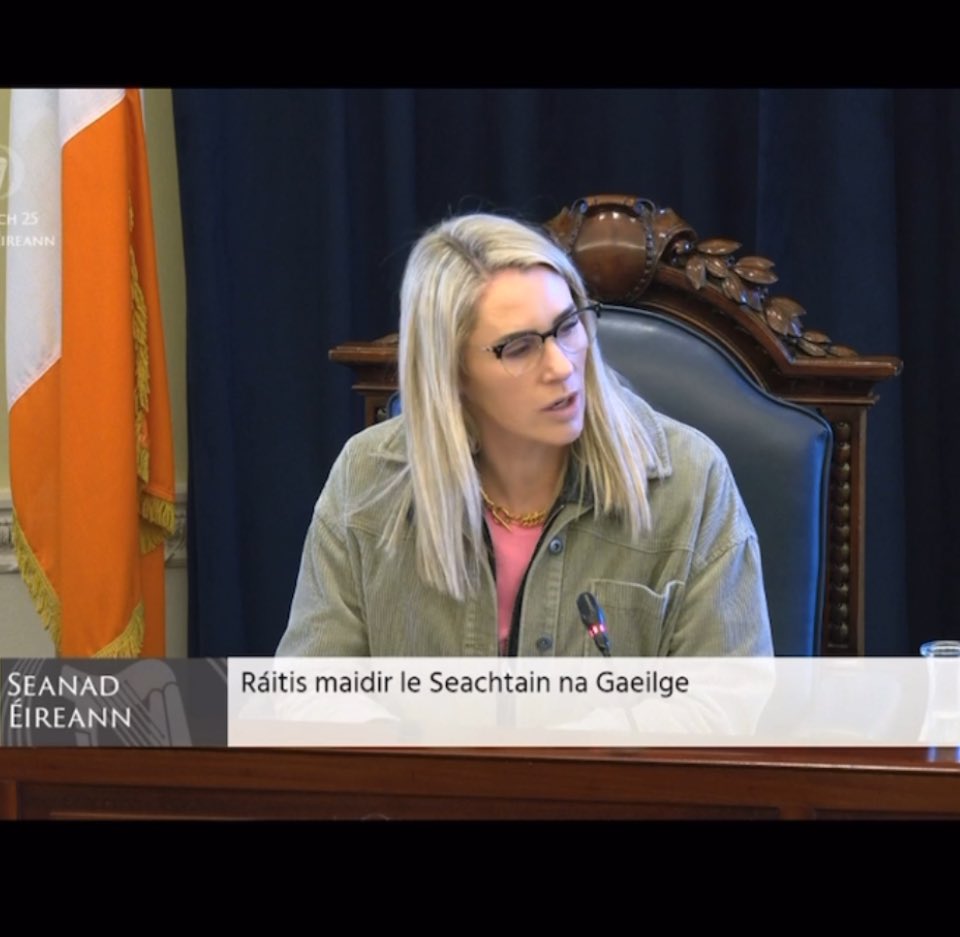 Evanne Ní Chuilinn (@evannenic) on Twitter photo D’fheidhmidh mé mar Chathaoirleach sa Seanad inné, le linn ráitis maidir le Seachtain na Gaeilge.
Buíochas le me chomhleacthaí sa Seanad agus leis an tAire <a href="/jerrybuttimer/">Jerry Buttimer TD</a> as ucht an díospóireacht cruinn ar an ábhar. D’fheidhmidh mé mar Chathaoirleach sa Seanad inné, le linn ráitis maidir le Seachtain na Gaeilge.
Buíochas le me chomhleacthaí sa Seanad agus leis an tAire <a href="/jerrybuttimer/">Jerry Buttimer TD</a> as ucht an díospóireacht cruinn ar an ábhar.