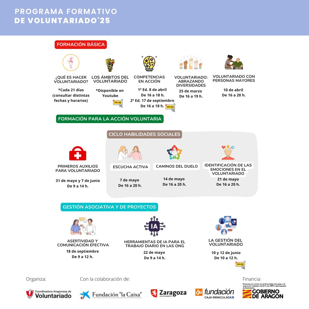 Ya está aquí nuestra oferta de Formación para personas voluntarias y responsables de entidades. Si os apetece participar en alguno de los talleres solo tenéis que inscribiros. En la web, +info!
aragonvoluntario.net/formacion/

#aragonvoluntario #formacion #calidad #economiasocial