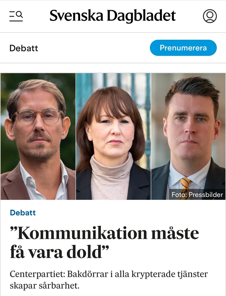 När regeringen vill installera bakdörrar i alla krypterade tjänster underminerar de Sveriges säkerhet!

Försvarsmakten måste ha tillgång till säkra kommunikationstjänster, skriver jag tillsammans med <a href="/UlrikaLiljeberg/">Ulrika Liljeberg</a> och Mikael Larsson.