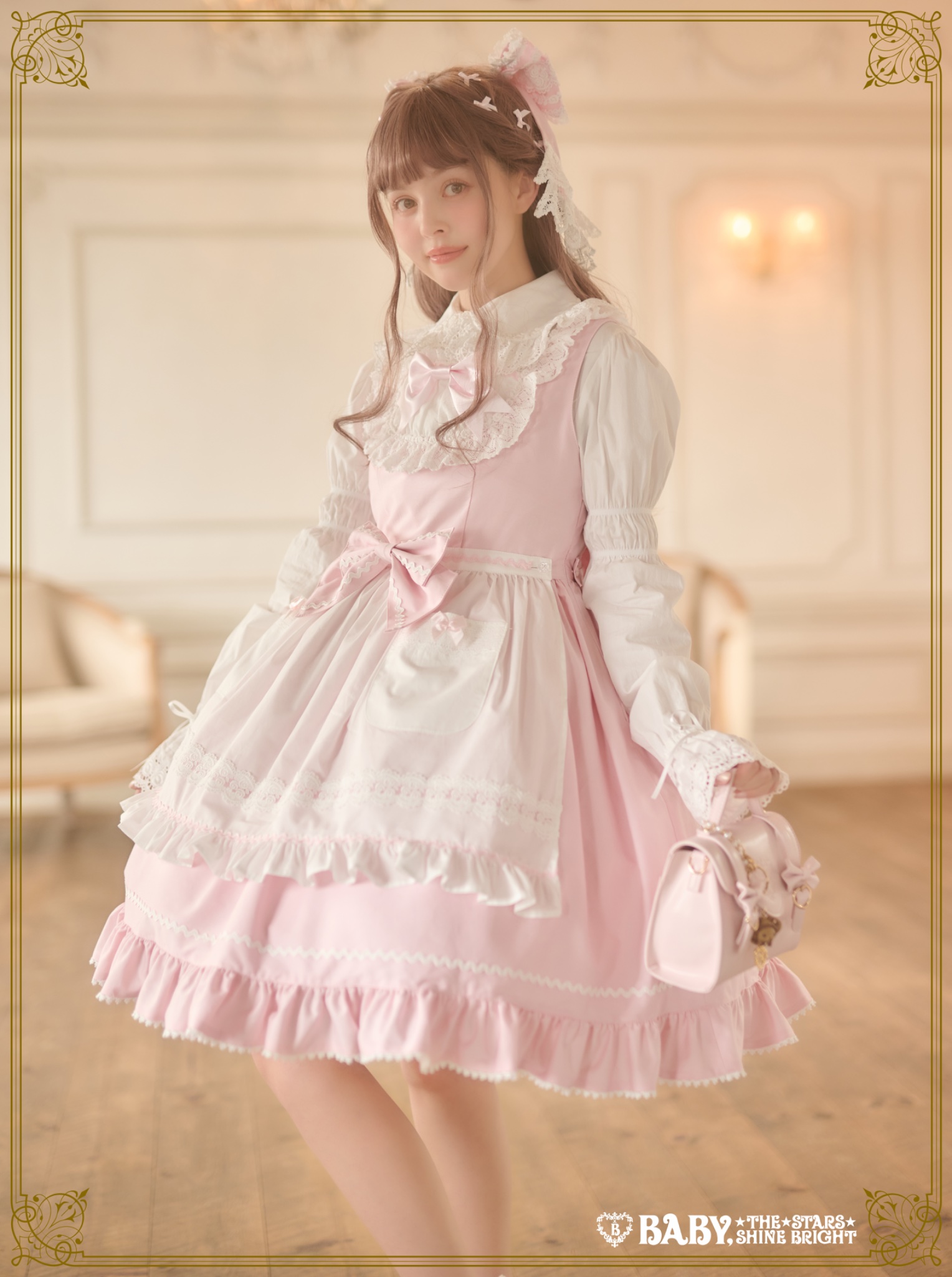 ローズフルールエプロンジャンパースカート ピンク BABY,THE STARS SHINE BRIGHT ローズフルールエプロンジャンパー