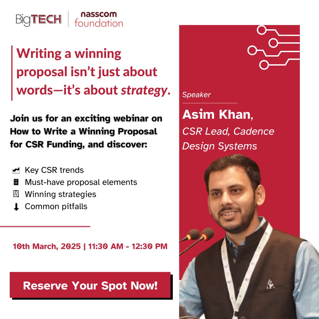 Master the art of CSR proposal writing!
Join #BigTech NGO Empowerment webinar with Asim Khan, CSR Lead, Cadence Design Systems, to learn key #CSR trends, winning strategies &amp; common pitfalls.
10th March 2025 | 11:30 AM - 12:30 PM 
🔗Reserve your spot now!

tinyurl.com/4hubav6u