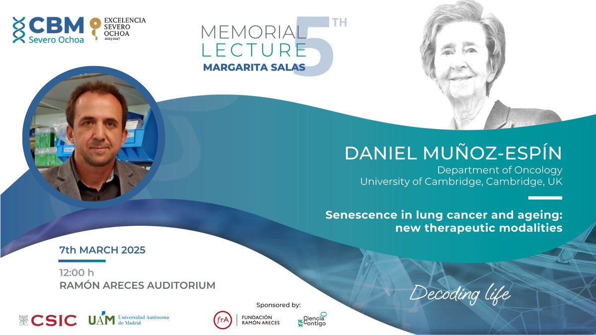 Centro de Biología Molecular Severo Ochoa (@cbm_csic_uam) on Twitter photo Hoy en el CBM celebramos la 5a Lección Conmemorativa Margarita Salas, con Daniel Muñoz-Espín <a href="/DanielMuozEspn1/">Daniel Muñoz-Espín</a> (<a href="/Cambridge_Uni/">Cambridge University</a>) que nos hablará de senescencia en cáncer de pulmón y envejecimiento. Gracias a su anfitrión Miguel de Vega <a href="/devega_M/">Miguel de Vega</a>
<a href="/CSIC/">CSIC</a> <a href="/UAM_Madrid/">UAM Autónoma Madrid</a> <a href="/FundacionAreces/">FundaciónRamónAreces</a> Hoy en el CBM celebramos la 5a Lección Conmemorativa Margarita Salas, con Daniel Muñoz-Espín <a href="/DanielMuozEspn1/">Daniel Muñoz-Espín</a> (<a href="/Cambridge_Uni/">Cambridge University</a>) que nos hablará de senescencia en cáncer de pulmón y envejecimiento. Gracias a su anfitrión Miguel de Vega <a href="/devega_M/">Miguel de Vega</a>
<a href="/CSIC/">CSIC</a> <a href="/UAM_Madrid/">UAM Autónoma Madrid</a> <a href="/FundacionAreces/">FundaciónRamónAreces</a>