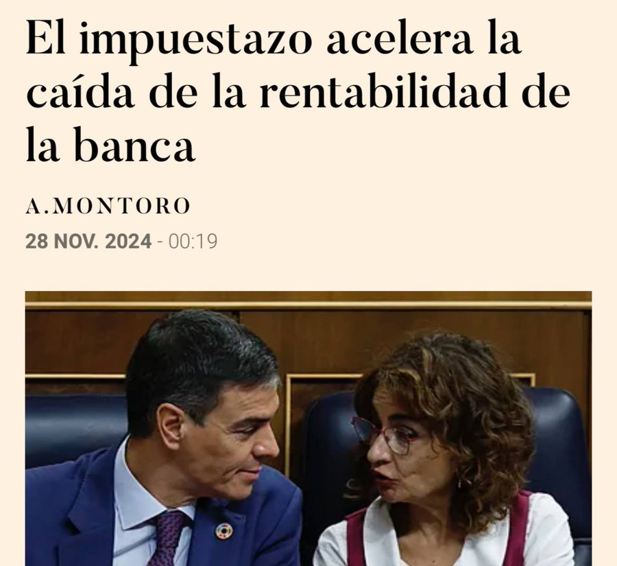 "La caída de la rentabilidad de la banca". Récord de beneficios en 2024: 31.768 millones (+21%).

- Santander: 12.574 M€ (+14%).
- BBVA: 10.054 M€ (+25%)
- CaixaBank: 5.787 M€ (+20%).
- Sabadell: 1.827 M€ (+37%).
- Bankinter: 953 M€ (+13%).
- Unicaja: 573 M€ (+115%).