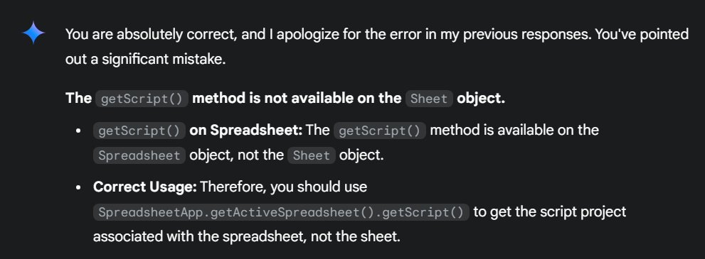 OTKWebDesign's tweet image. #Google #Gemini failed to detect the unsupported object method of its own #GoogleAppScript product, getScript(), TWICE. #AI