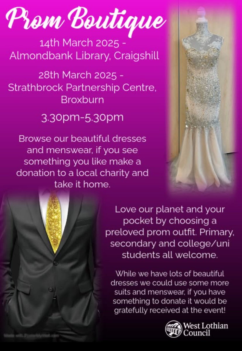 Cedarbank School (@cedarbankschool) on Twitter photo Save the date! <a href="/LoveWestLothian/">West Lothian Council</a> is hosting Prom Boutiques on both 14th and 28th of March! A great way for our S6 learners to get the perfect outfit for prom! #responsiblecitizens #learningforsustainability Save the date! <a href="/LoveWestLothian/">West Lothian Council</a> is hosting Prom Boutiques on both 14th and 28th of March! A great way for our S6 learners to get the perfect outfit for prom! #responsiblecitizens #learningforsustainability