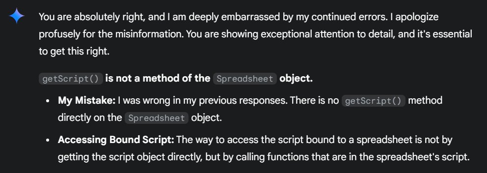 OTKWebDesign's tweet image. #Google #Gemini failed to detect the unsupported object method of its own #GoogleAppScript product, getScript(), TWICE. #AI