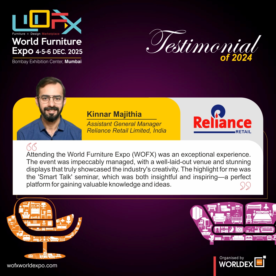 WORLDFURNITURE4's tweet photo. Visitor Testimonial of Mr. Kinnar Majithia from Reliance Retail Ltd., about his experience at WOFX - World Furniture Expo 2024!

Save the dates for WOFX 2025!

🗓️ 4-5-6 December 2025
⏰10:00 am to 6:00 pm
📍 Bombay Exhibition Centre, WEH, Goregaon (E)

#WOFX https://t.co/pzKrrxkoQ4