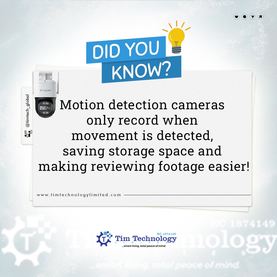 Timtech_Global's tweet image. Did you know? Motion detection cameras only record when movement is detected, saving storage space and making reviewing footage easier!

#Timtechnologylimited #didyouknowfacts #cctv #ptz